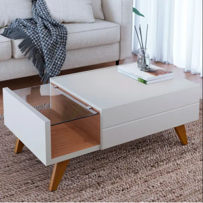 Mesa De Centro com 1 Gaveta e Vidro Noronha Off White Matte Freijó Mesa De Centro com 1 Gaveta e Vidro Noronha Off White Matte Freijó